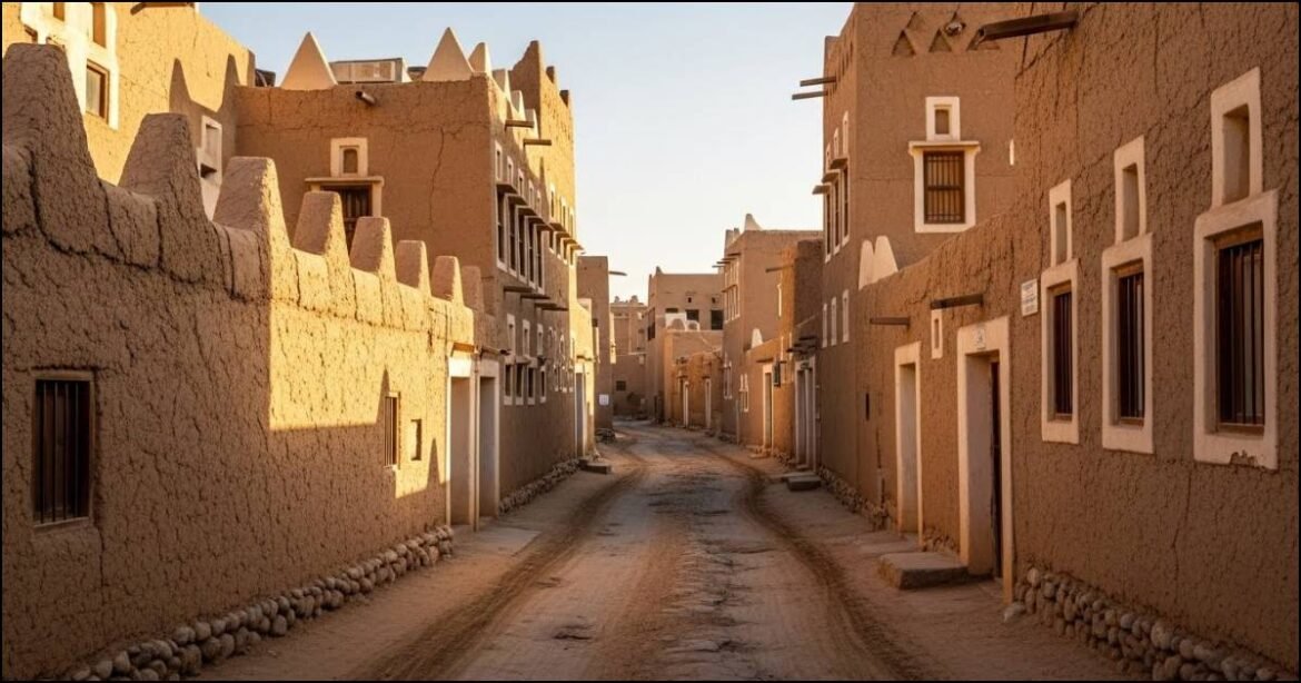 Historic Old Riyadh streets with mud buildings and narrow pathways
